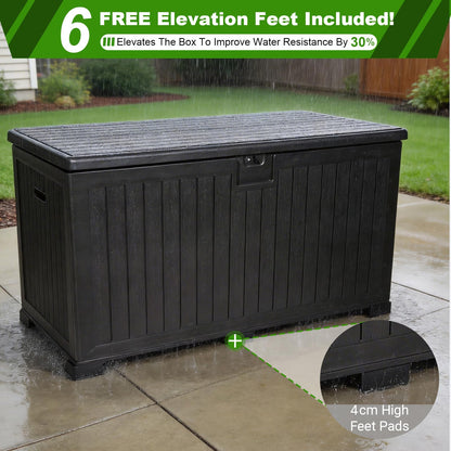 FammyLoft 320 Gallon Deck Box with 6 Waterproof Foot Pads, Resin Storage Box Weatherproof, Plastic Cushion Container with Lock and Lids for Pool Equipment, Black