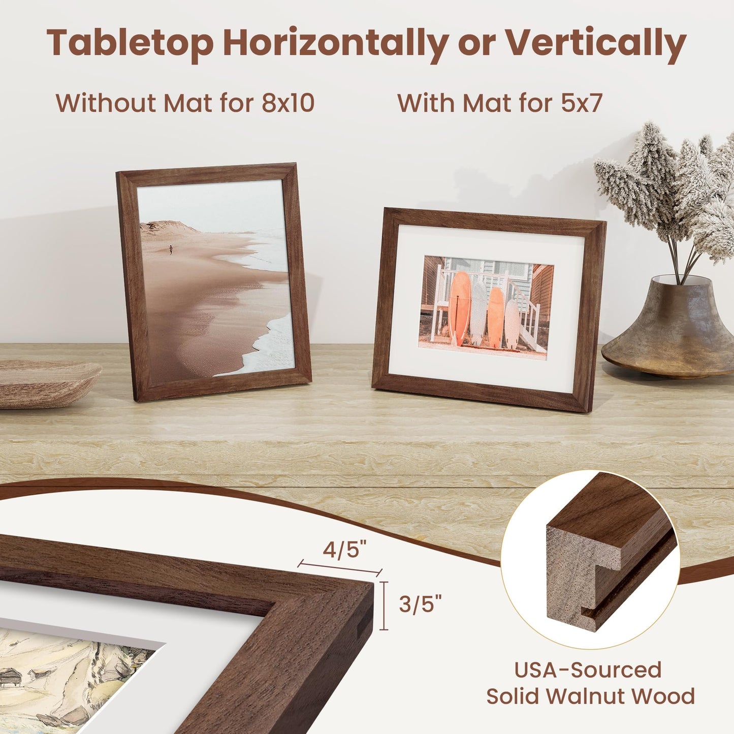 8x10 Picture Frame, USA-Sourced Walnut Wood Photo Frames 8 by 10 with HD Tempered Glass, 8 x 10 Wood Frames for Home Decor, Rustic 8x10 Frame Matted to 5x7, Wall & Tabletop Display, 3 Pack