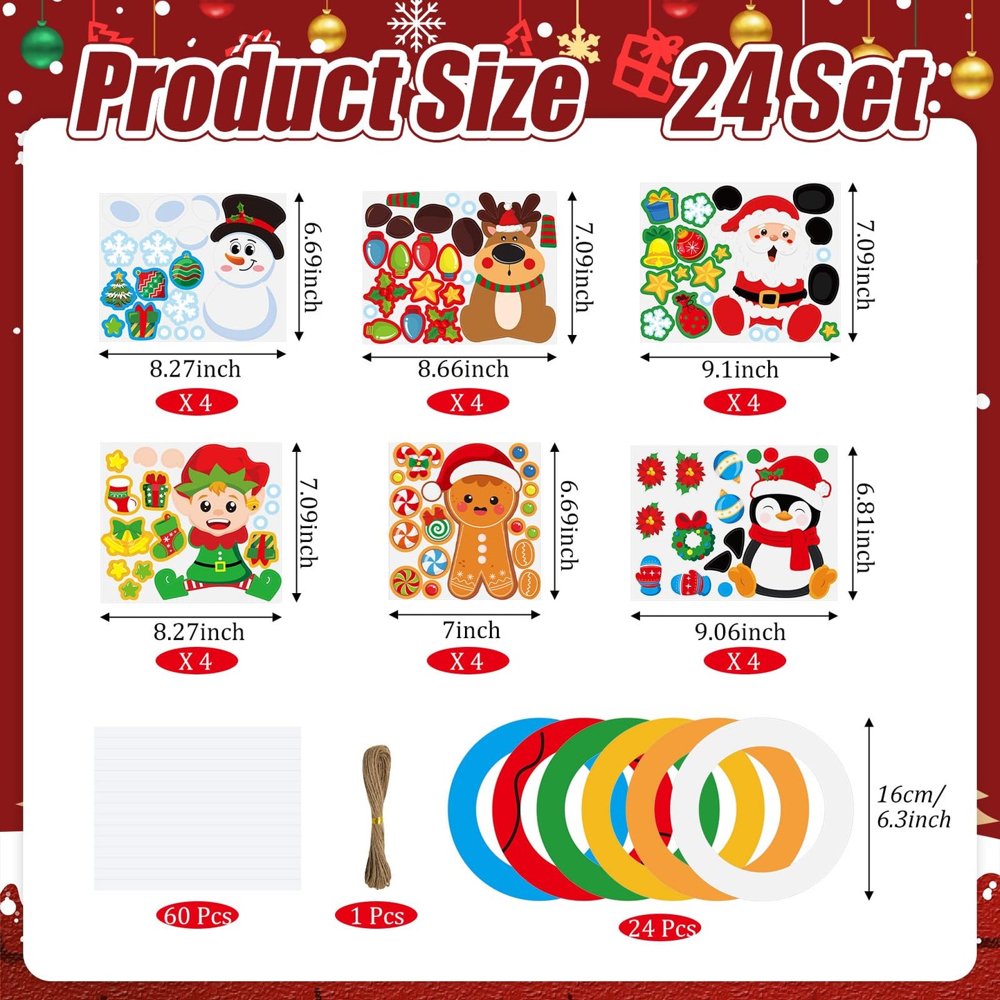 Cinrobiye 24 Set Christmas Wreath Craft Kits DIY Winter Hanging Wreath Ornament Decorations Kit Xmas Snowmen Snowflake Santa Claus Crafts for Holiday Christmas Home Classroom Party Activities Project