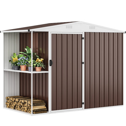 DWVO Outdoor Storage Shed 8x4FT with Rack, Metal Garden Shed with Storage Shelves, Bike Storage Tool Cabinet Box for Lawn Backyard Patio Use, Brown