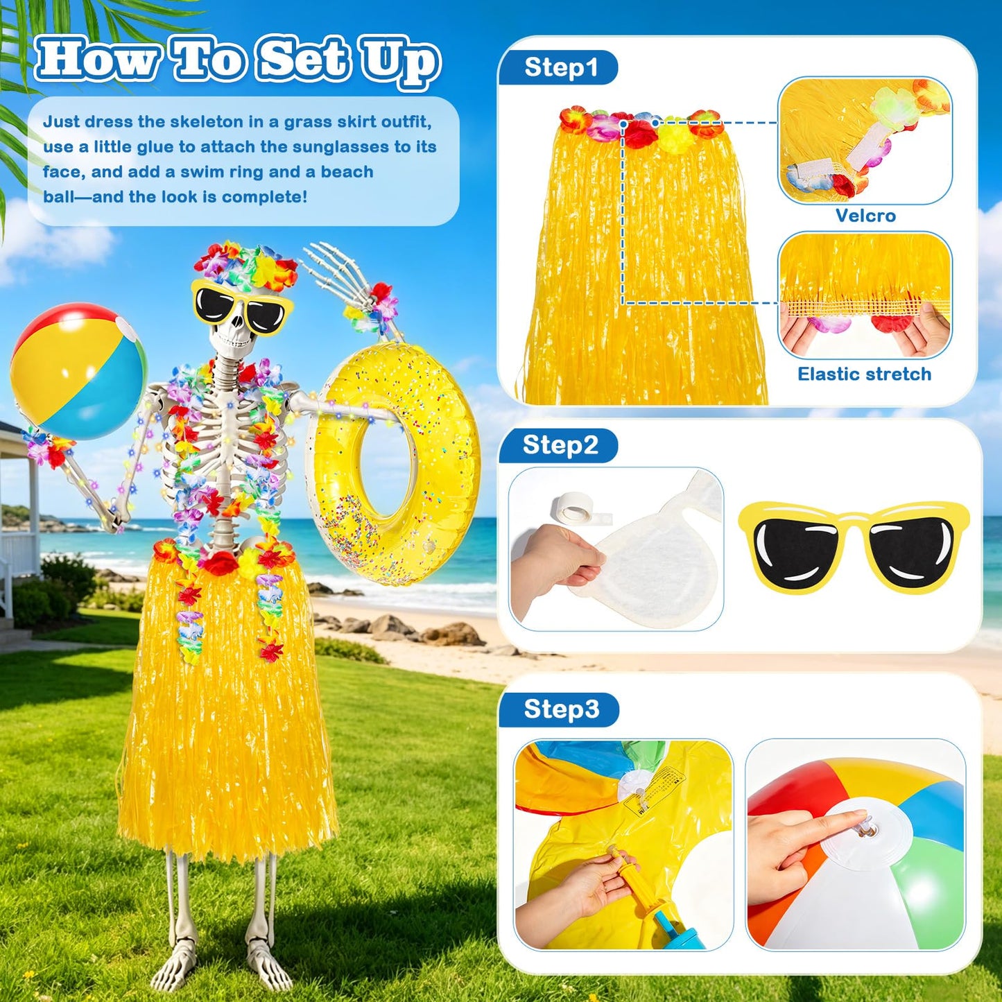 12 ft Summer Skeleton Outfits Accessories, 10 Pcs Hawaiian Hula Giant Skull Grass Skirt Costume Clothing Kit with Sunglasses Swim Rings & Beach Balls for Outdoor Yard Lawn Summerween Luau Decorations