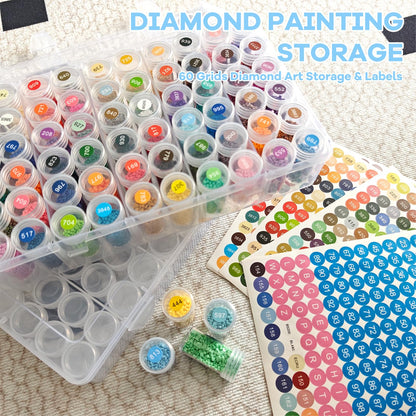 BMHHWAI 1Pack Diamond Painting Storage Containers, 60 Grids Diamond Art Organizer and Labels, Bead Organizer Diamond Painting Case Accessories for DIY Diamond Art Craft Jewelry Bead Storage(Clear)