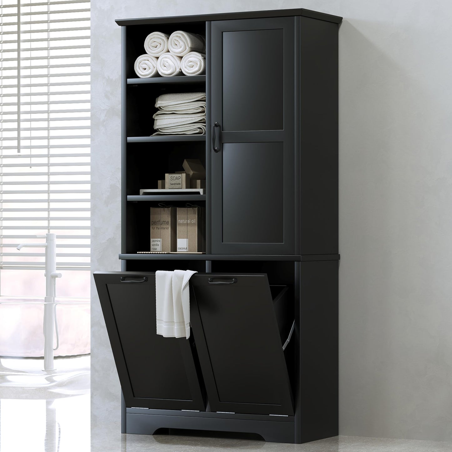 Merax Cabinet with Tilt-Out Laundry Hamper Basket, Tall Bathroom Storage Organizer Linen with Open Shelf for Home, Freestanding, Black