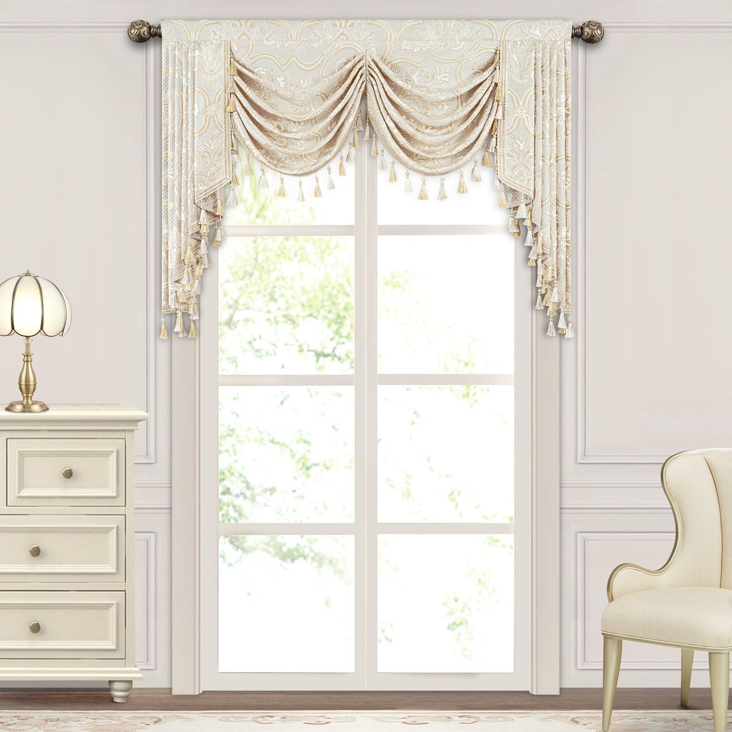 Loom and Mill European Elegant Waterfall Valance for Living Room, Luxury Jacquard Frame Swag Valances with Tassels, Beige Gold Floral Swag Curtains for Bedroom Window Holiday Decor(W59 Inch,1 Panel)