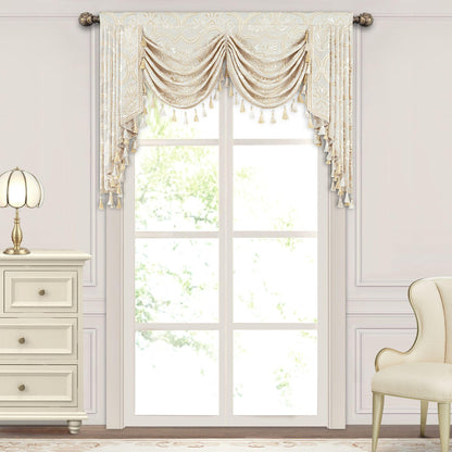 Loom and Mill European Elegant Waterfall Valance for Living Room, Luxury Jacquard Frame Swag Valances with Tassels, Beige Gold Floral Swag Curtains for Bedroom Window Holiday Decor(W59 Inch,1 Panel)