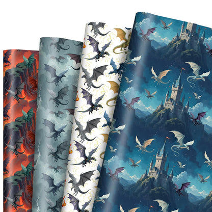 12 Sheets Magic Dragon Wrapping Papers, Cool Dragon Gift Wrap Papers with Castle Volcano, Fantasy Gift Packing Paper Art Paper for Boys Girls Birthday Baby Shower Magical Party Decor, 28 x 20IN