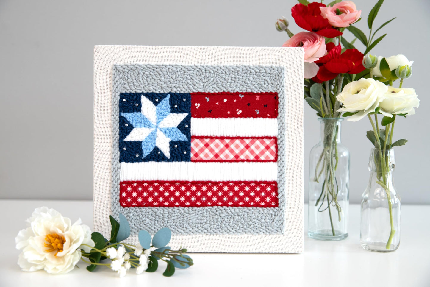 Kimberbell Stars & Stripes Forever Punch Needle Kit – Complete Patriotic Craft Set with Tool, Yarn, Hoop, Monks Cloth, Appliqués & Rhinestones – DIY Punch Needle Plus Kit with Video Tutorials
