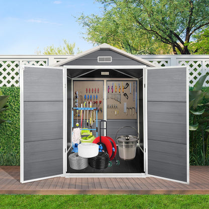 YOPTO 6x6 FT Storage Shed,Plastic Outdoor Storage Shed with Floor and Lockable Door,Waterproof Garden Shed W/Windows & Vents,Sloped Roof,Tool House for Storing Bicycles,Lawnmowers,Gray