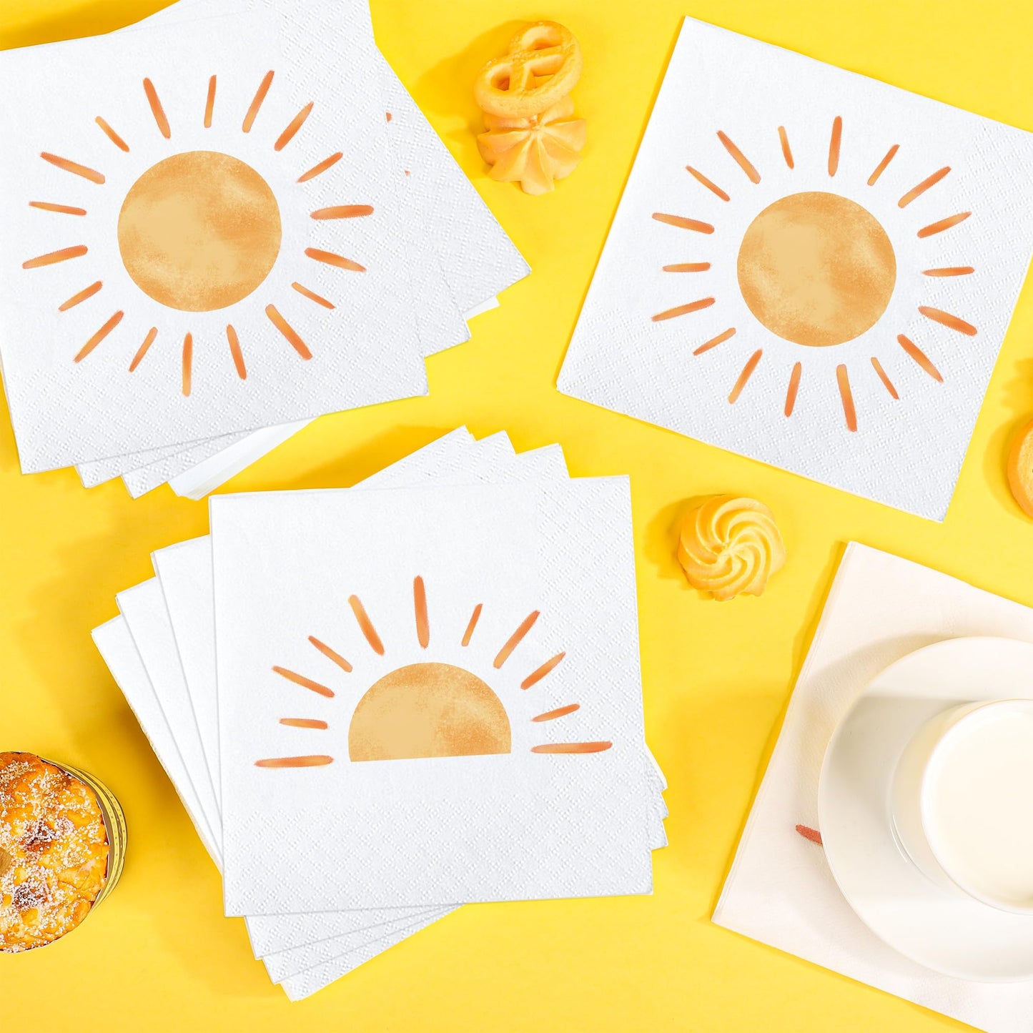 100 PCS Boho Sun Paper Napkins First Trip Around The Sun Birthday Party Napkin Boho Hippie Sunshine Disposable Luncheon Napkins for Baby Shower Birthday Party Supplies, 6.5 x 6.5 inch