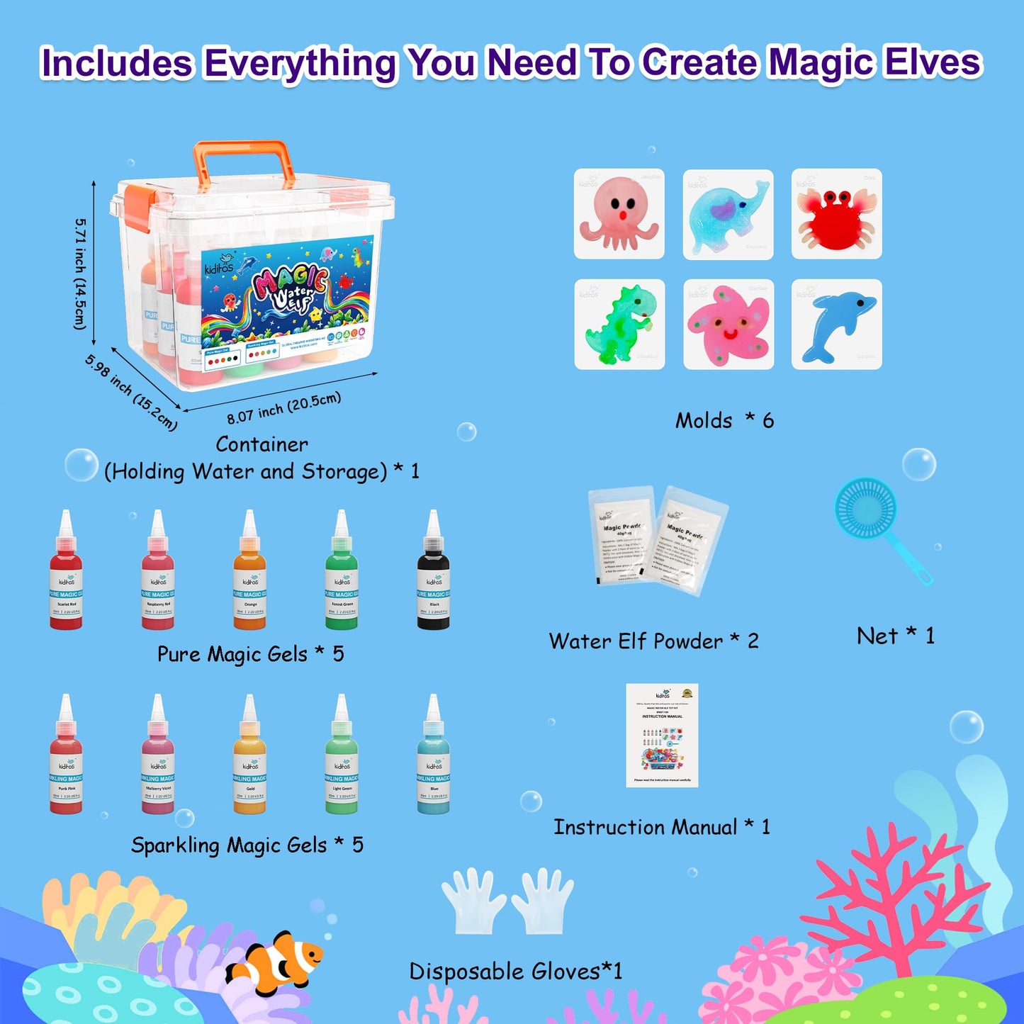 Kiditos Magic Water Elf Toy Kit for Kids, Make Your Own Magic Water Pets, DIY Sensory Craft Kit with 10 Magic Gels & 6 Molds, STEM Science Activity, Party Favors & Birthday Gifts for Kids Ages 3+
