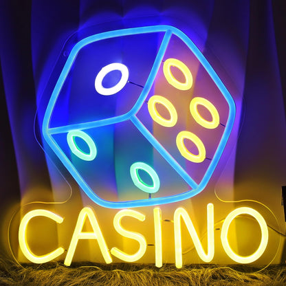 Casino Neon Sign Dimmable Dice Neon Sign Wall Decor Gift for Casino Bar Bedroom Game Room Man Cave Casino Party 13.6 * 12.8 Inch