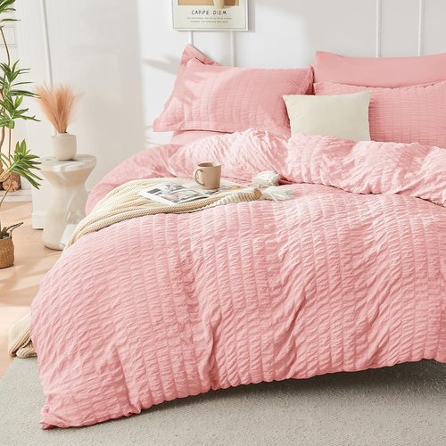 HYMOKEGE King Size Comforter Set - Luxury 7-Piece Rose Pink Bedding Set with Sheets & Pillowcases