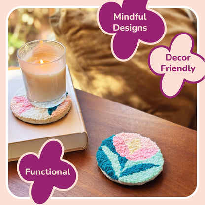 Panellomi Flower Punch Needle Kit for Beginners DIY Punchneedle Embroidery Starter Kit with Yarn, Fabric, Needle Punch Tool, Scissors, and Instructions for 6 Easy Craft Floral Design Coasters
