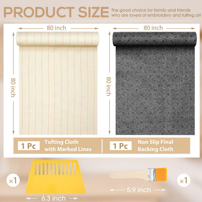Tudomro 4 Pcs 80'' X 80" Large Tufting Cloth for Rugs and Non Slip Final Backing Tuft Fabric Monks Cloth for Tufting Needle DIY Rug Making, Contains Cleaning Brush and Glue Scraper