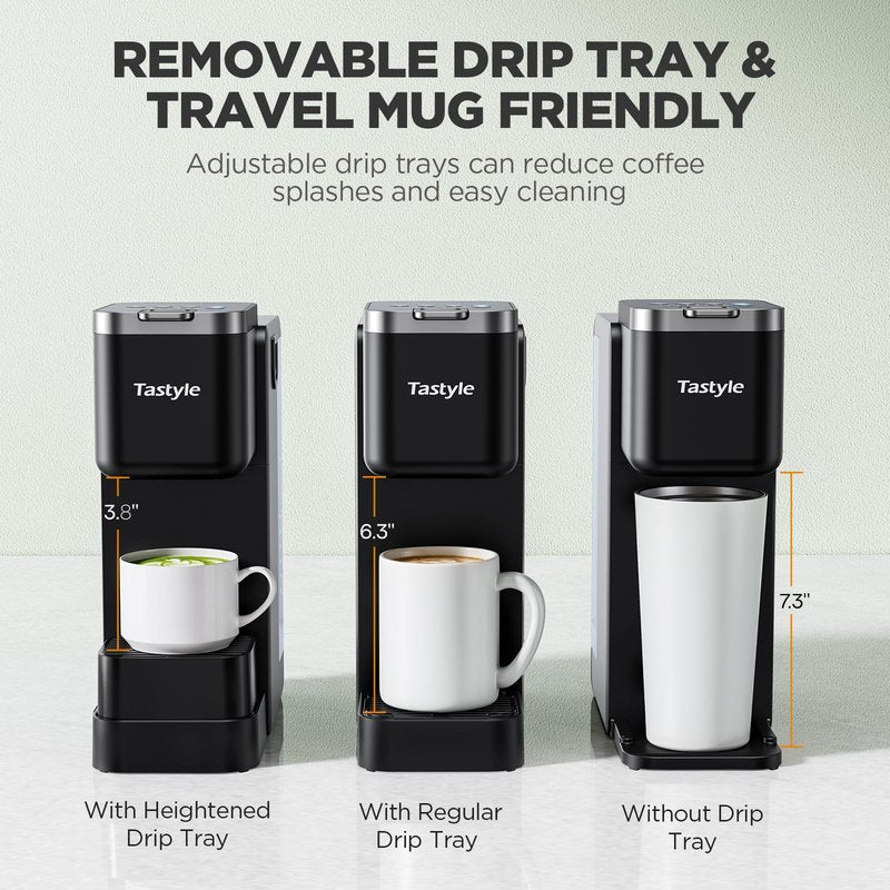Tastyle Single Serve Coffee Maker with Built-in Detachable Milk Frother, Iced and Hot Coffee Machine for K Cup & Grounds, 40oz Removable Water Reservoir, 6 Cup Sizes, Fits 7.3" Travel Mug, Black