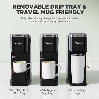Tastyle Single Serve Coffee Maker with Built-in Detachable Milk Frother, Iced and Hot Coffee Machine for K Cup & Grounds, 40oz Removable Water Reservoir, 6 Cup Sizes, Fits 7.3" Travel Mug, Black