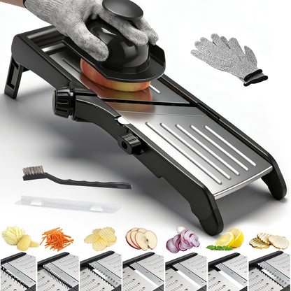 Mandoline Food slicer for kitchen, Adjustable Stainless Steel Mandoline Vegetable slicer, Food slicer Onion Potato Chip French Fry, 7 in-1 Adjustable Blade, Including 1 Pair of Gloves