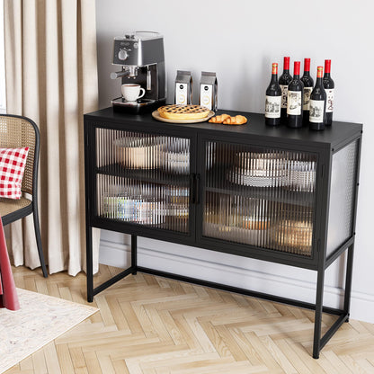 GAOMON Buffet Cabinet with Glass Doors, Sideboard Cabinet with Adjustable Shelves, Freestanding Glass Doors Storage Cabinet for Kitchen, Living Room, Dining Room, Black