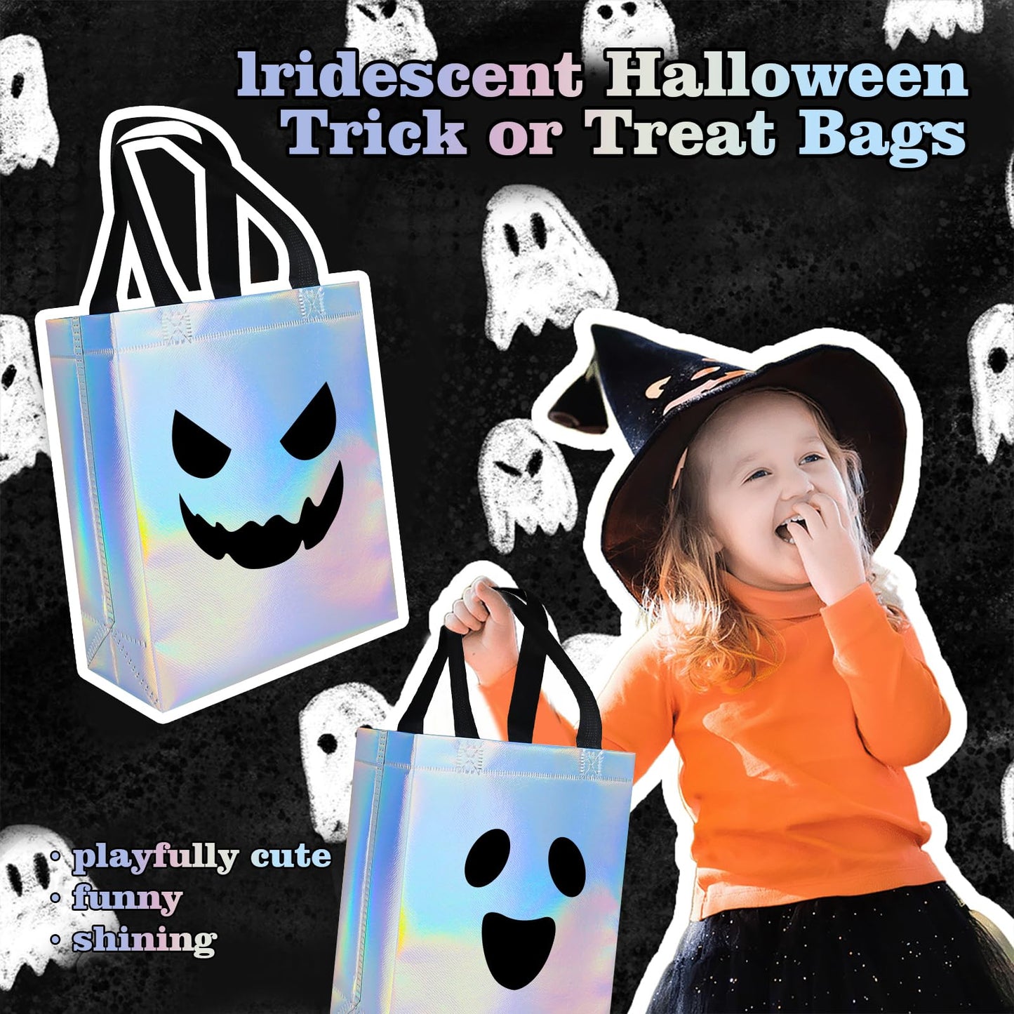 KAWZBYN 30 Pcs Halloween Ghost Gift Bags Iridescent Holographic Candy Goodie Bag Reusable Non woven Gift Bags for Girls Halloween Trick or Treat Party Supplies Favors, 8''x4''x10''