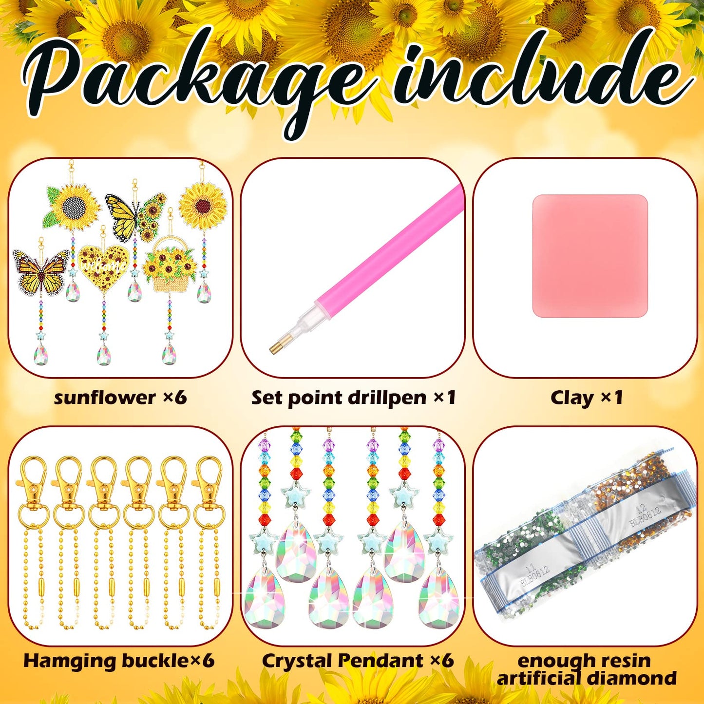 Tradder 6 Pcs Sunflower Diamond Art Kits Suncatchers for Adults Sunflower Wind Chimes Double Sided Butterfly Ornaments with Crystal Pendant for Adults DIY Summer Home Garden Hanging Ornament