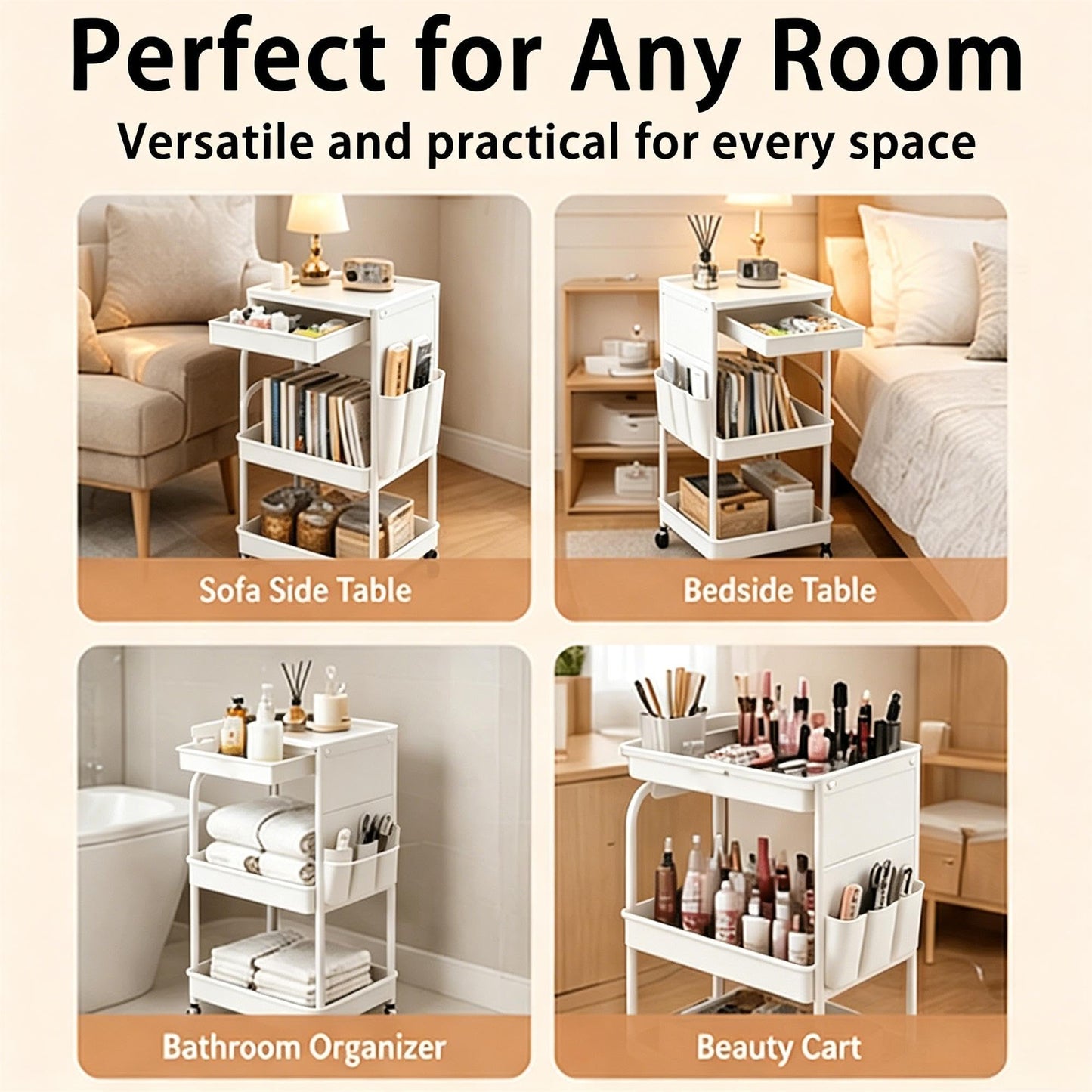 3 Tier Rolling Cart with Wheels and Drawers,Utility Storage Organizer Cart with Fabric Bag & Silent Casters for Nail Art, Makeup, Book, Nursery, Dorm Room Essentials and Kitchen, White