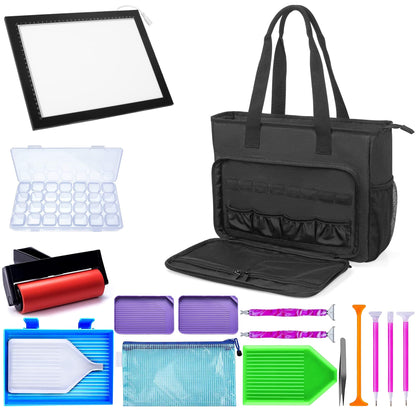 TORIBIO Diamond Painting Tote Bag with Padded Sleeve to Hold A4 Light Pad, Carrying Case for LED Light Pad & Diamond Art Tools/Accessories, 15.4"x12.2"x4.7", Black (Bag Only)