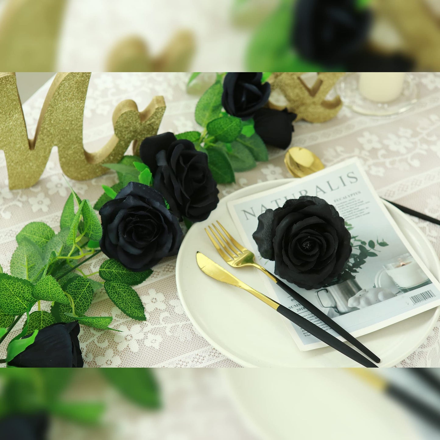 Felice Arts 2 Pack Black Artificial Flower Garland Each 6.5FT Fake Rose Vine Hanging Rose Garland for Wedding Flowers Table Arrangement Outdoor Wall Decor