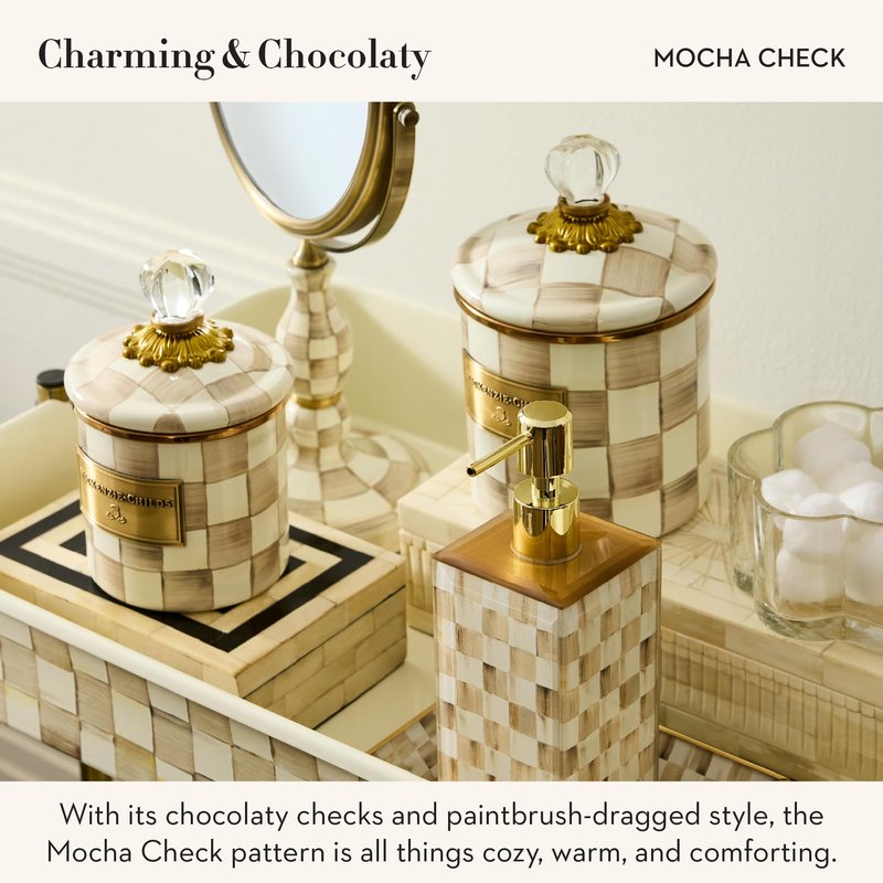 MACKENZIE-CHILDS Glass Tissue-Box Cover, Boutique Bathroom Decor, Brown-and-White Mocha Check