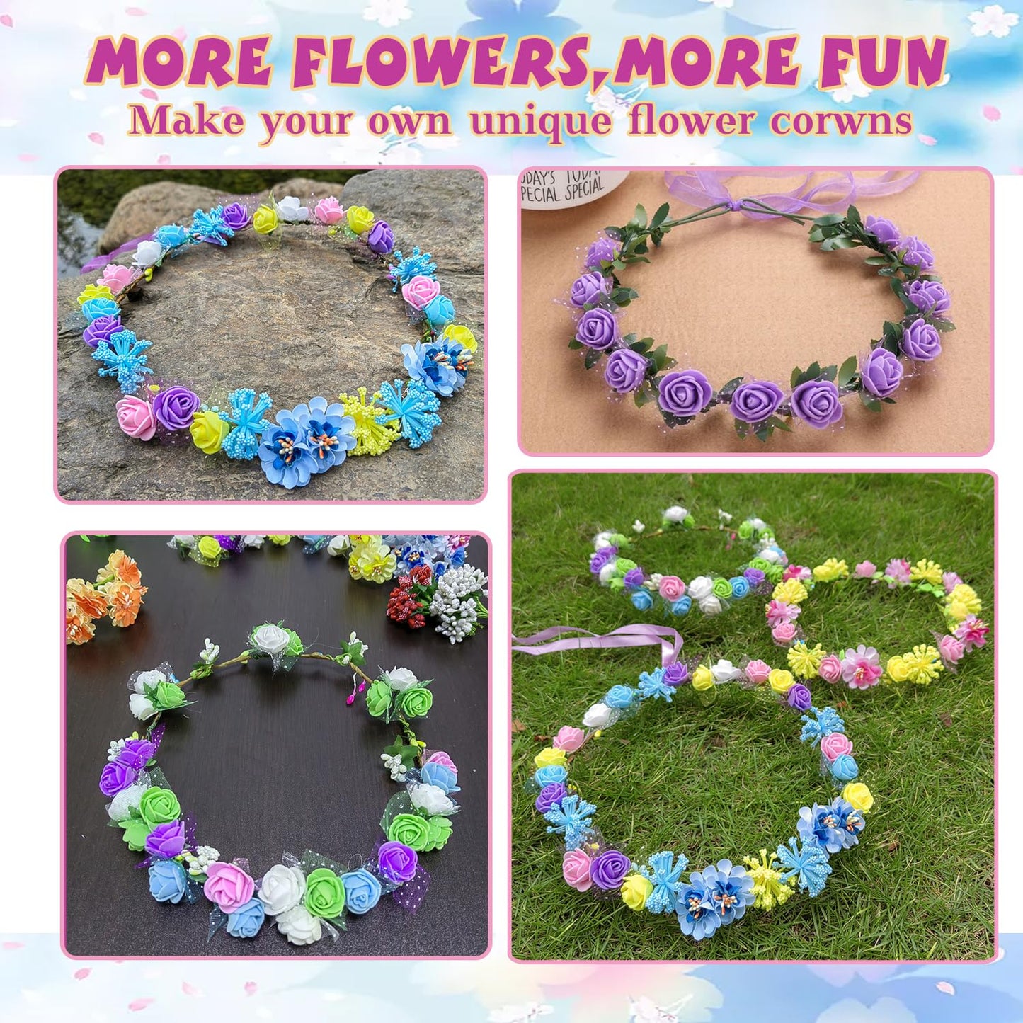 WUBOMJIO Flower Crowns Craft Kit, Make Your Own 12 PCs Floral Crowns Garland Handmade Arts and Crafts Kit, DIY Fairy Flower Headbands and Bracelets,Hair Accessories for Adult Women
