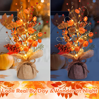 Pinkunn Fall Thanksgiving Centerpieces for Tables Decorations 16 Inch Lighted Fall Tree Tabletop with Artificial Pumpkins Berries Leaves Burlap Base Autumn Decor for Home Indoor Office Desk Party
