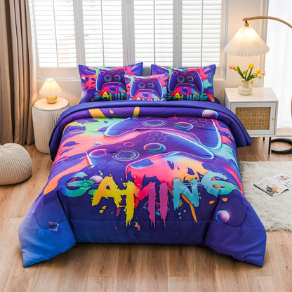 Aimuan Gaming Comforter Sets for Boys Kids Bedding Sets, Video Games Console Action Buttons, Twin 6 Pcs, Purple
