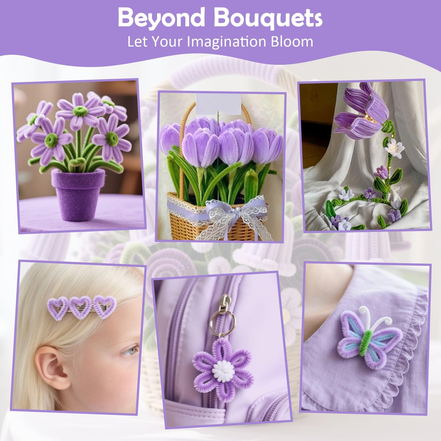 EARLY MINDS 500 Pcs Pipe Cleaners Craft Kit for Flower Making, DIY Bouquet Set with 8mm Chenille Stems, Step-by-Step Tutorial, Floral Wire, Ribbon & Tools for Handmade Gifts and Decor, Purple