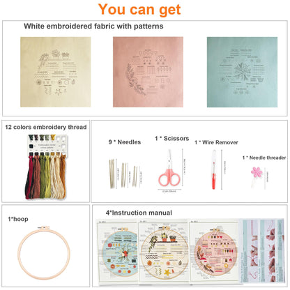 Myfilicity Embroidery Beginners Stitch Practice kit, 3 Embroidery Starter Kits, Learn 30 Different Stitching Techniques for Craft Enthusiasts to Hand-Stitch Fabric and Learn Embroidery Skills…
