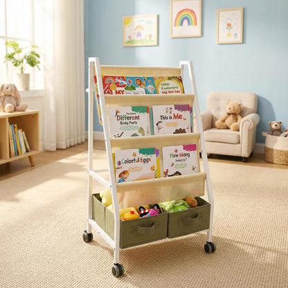 EARLY MINDS 3-Tier Kids Bookshelf with Storage, Wheels & Handle, Montessori Sling Book Organizer for Toddlers