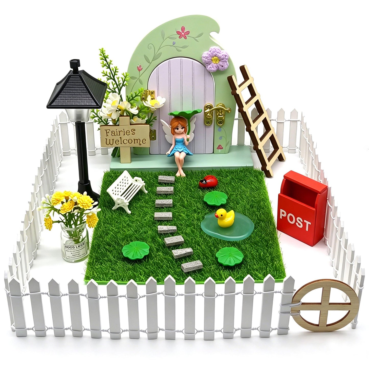 Fairy Door Kit that Opens with Mystery Fairy Figurine and Light-up Street Lamp for Desktop Garden, Opening Wooden Tooth Fairy Door for Wall Miniature Fairy Garden Set 29 Pcs