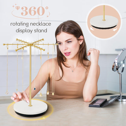 Poyilooo Necklace Holder Jewelry Stand, Rotating Necklace Holder Organizer with 48 Hooks for Necklace Earring Keychains Bracelet Display Stand, Metal Necklace Tree Stand -Women Gifts (Gold)