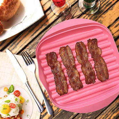 Microwave Bacon Tray with Splatter Lid, Quick and No Mess, Cooker for Crispy Bacon in Minutes, Pink