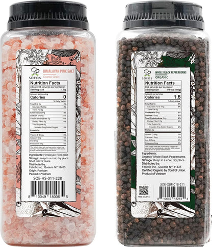 Soeos Himalayan Pink Salt Coarse 39 oz | Organic Black Peppercorns 18 oz - Non-GMO Spice Set for Cooking