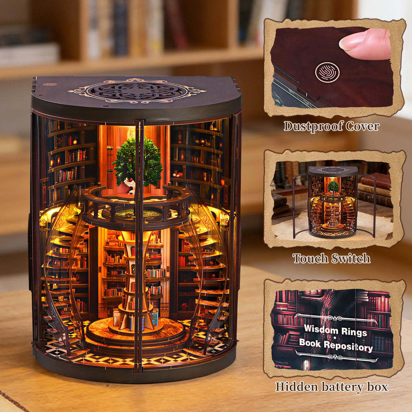 Book Nook Kit for Adult-3D Wooden Puzzles Miniature Library Bookshelf Insert Bookend Decor，Adult Miniature Model with LED Light and Dust Cover, Touch Switch, Adult Craft Kits Gift