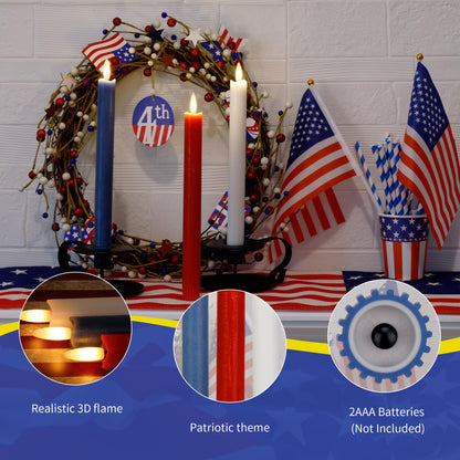 AFINETH Red White and Blue Flameless Taper Candles with Remote, 9.6" Real Wax Patriotic Flameless Candles, Battery Operated 4th of July Candlesticks, Flickering Independence Day Candle Decor, 3 Pack