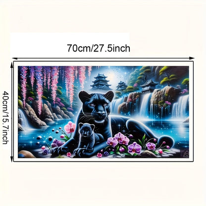 KUFWKEY Panther Diamond Art Kits for Adults,Waterfall Landscape Leopard 5D Diamond Painting Kits,Fantasy Animal Full Round Diamond Dots Kits,DIY Mosaic Craft for Home Decor 27.5x15.7inch