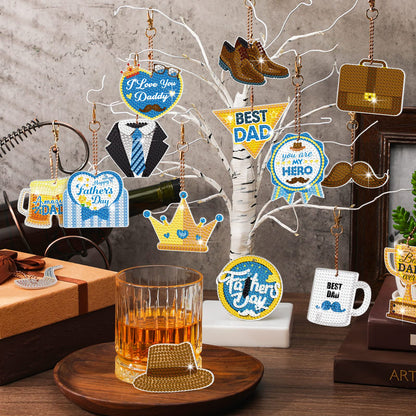 Ecally 15 Pcs Father's Day Diamond Painting Keychain Fathers Day 5D Diamond Art Ornaments Dad Gift Painting Key Rings for Family Party Decor DIY Craft