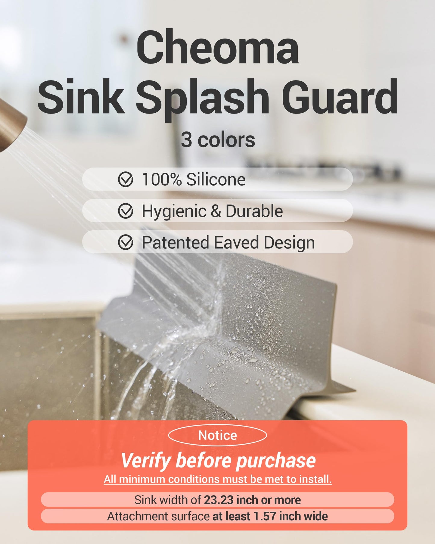 DEARCUS Kitchen Sink Splash Guard 23 Inch – Soft Silicone Water Shield Keeps Clothes & Countertops Dry, Strong Suction Non-Slip, No More Wet Sleeves or Sore Arms – Dishwasher Safe, Easy Install (Gray)