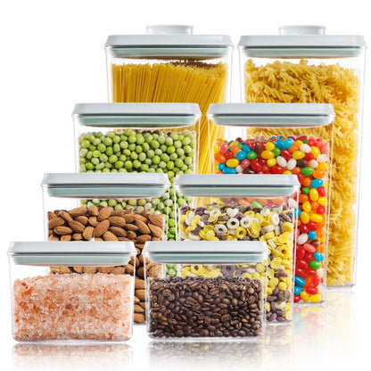 Tourdeus 8 Pack Airtight Food Storage Containers with Lids, Pop Top Pantry Organizer Set, BPA-Free Clear Stackable Kitchen Containers with Measurement Marks for Cereal, Flour, Sugar, Pasta, Snacks
