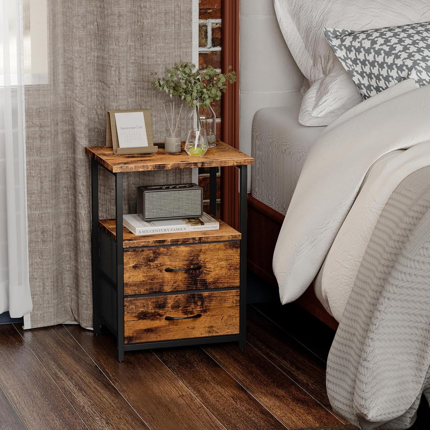 Fixwal Night Stand with Charging Station, Nightstand with Fabric Drawers, Bedside Table for Bedroom, Rustic Brown