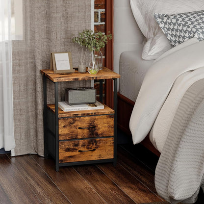Fixwal Night Stand with Charging Station, Nightstand with Fabric Drawers, Bedside Table for Bedroom, Rustic Brown