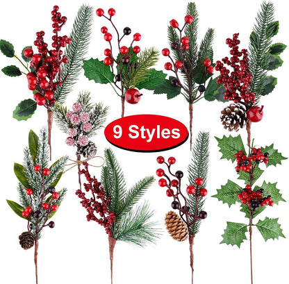 18 MIAHART Pcs Christmas Picks Artificial Pine Branches Red Berry Stems Pine Picks Spray with Pine Cone Apples Holly