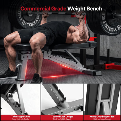 JOROTO Adjustable Weight Bench - 1300LBS Heavy Duty Workout Bench for Strength Training, Decline/Flat/Incline Bench Press with 34" Extra-Long Backrest & Wheels for Full Body Exercise, Grey