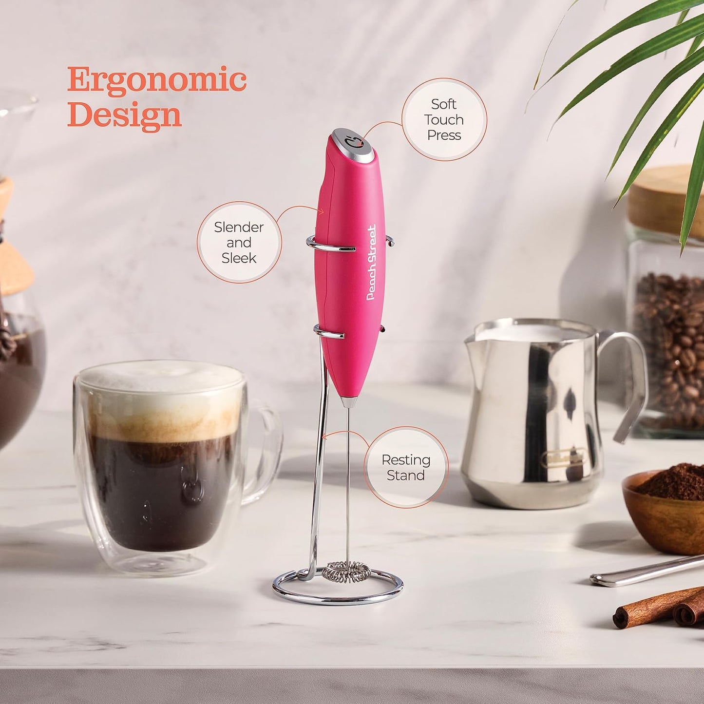 Powerful Handheld Milk Frother, Mini Battery Operated Stainless Steel Drink Mixer with Frother Stand for Coffee,