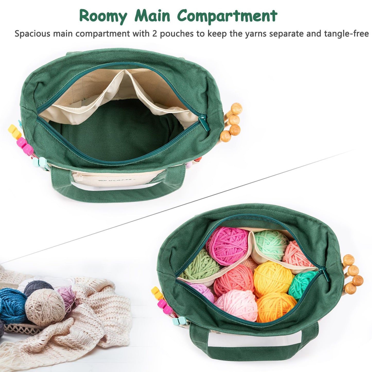 MYBAGZING Canvas Yarn Storage Organizer Bag Washable Crochet Bag with Pockets for Yarn, Hooks, Needles – Travel Knitting Tote for Crafters – Gift for Crocheters & Knitters (Medium/Large)